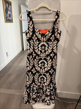 LA DoubleJ Black Floral-Print Midi Dress with Cream and Soft Pink Accents